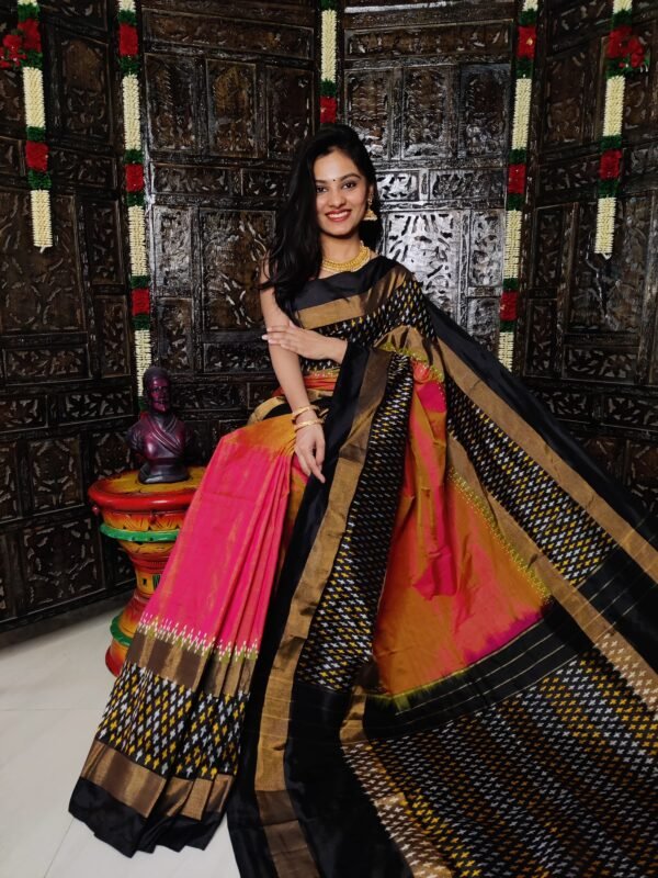 Latest and Exclusive Pure Pochampally Ikkat Silk Saree Pink and Black