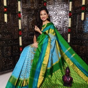 Pochampally-Ikkat-Silk-Saree-Blue-and-Green