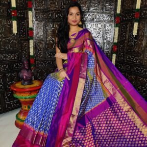 Pochampally-Ikkat-Silk-Saree-Blue-and-Pruple-Pink