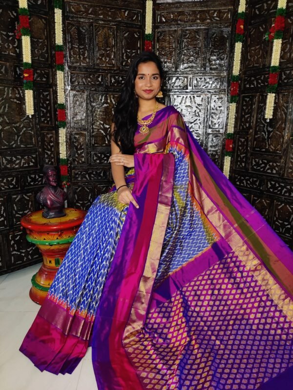 Pochampally-Ikkat-Silk-Saree-Blue-and-Pruple-Pink