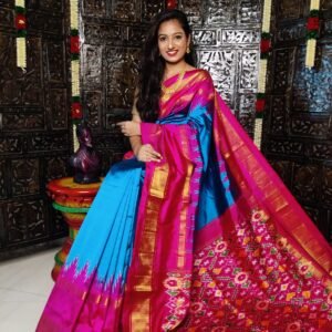 Pochampally-Ikkat-Silk-Saree-Blue-and-Red-pink