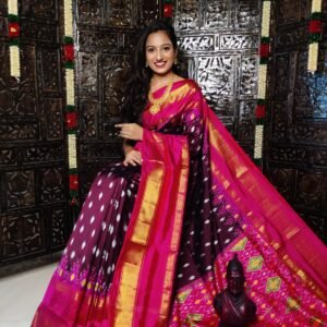 Pochampally-Ikkat-Silk-Saree-Brown-and-Pink