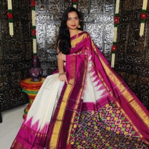 Pochampally-Ikkat-Silk-Saree-Cream-White-Dark-Pink