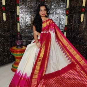 Pochampally Ikkat Silk Saree Cream White and Red