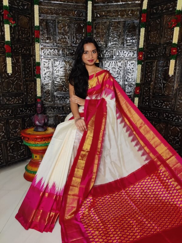 Pochampally Ikkat Silk Saree Cream White and Red