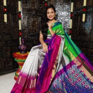 Pochampally-Ikkat-Silk-Saree-Cream-White-with-Green-and-Purple