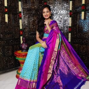 Pochampally-Ikkat-Silk-Saree-Ice-blue-Purple