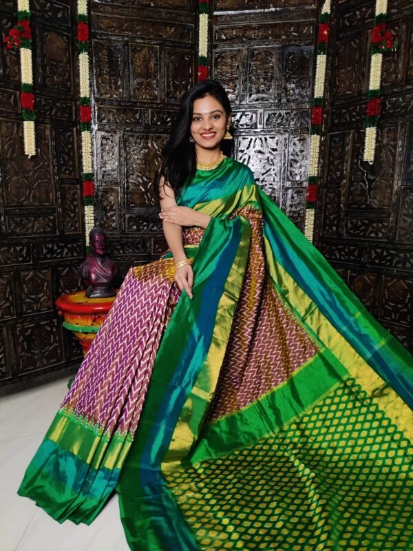 Pochampally-Ikkat-Silk-Saree-Maroon-and-Green