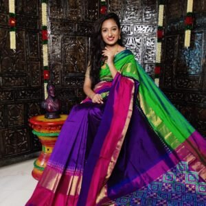 Pochampally-Ikkat-Silk-Saree-Purple-and-Green