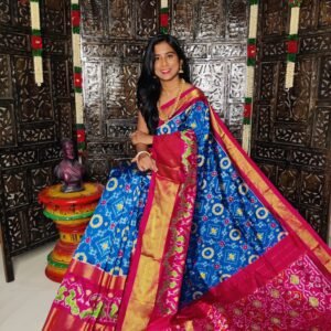 Pochampally-Ikkat-Silk-Saree-blue-and-red-with-zari