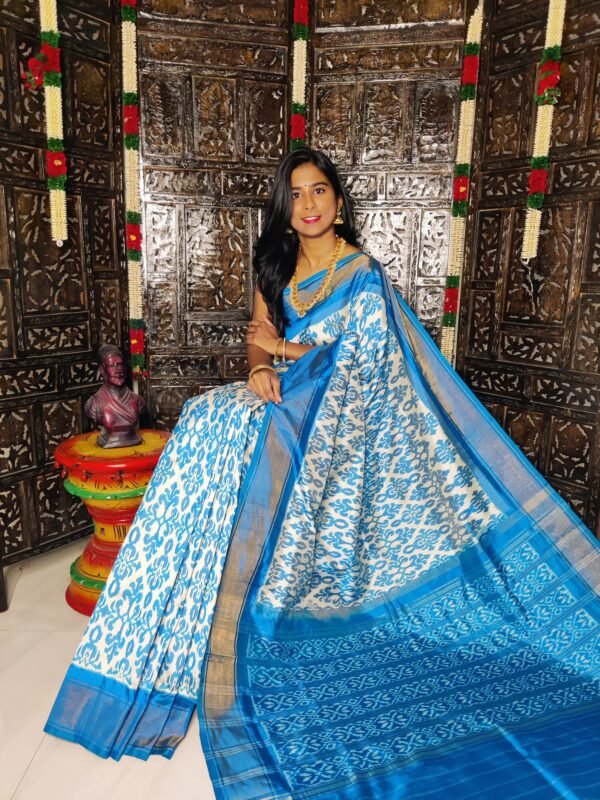 Pochampally-Ikkat-Silk-Saree-cream-and-sky-blue