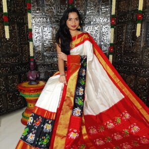 Pochampally-Ikkat-Silk-Saree-cream-black-red