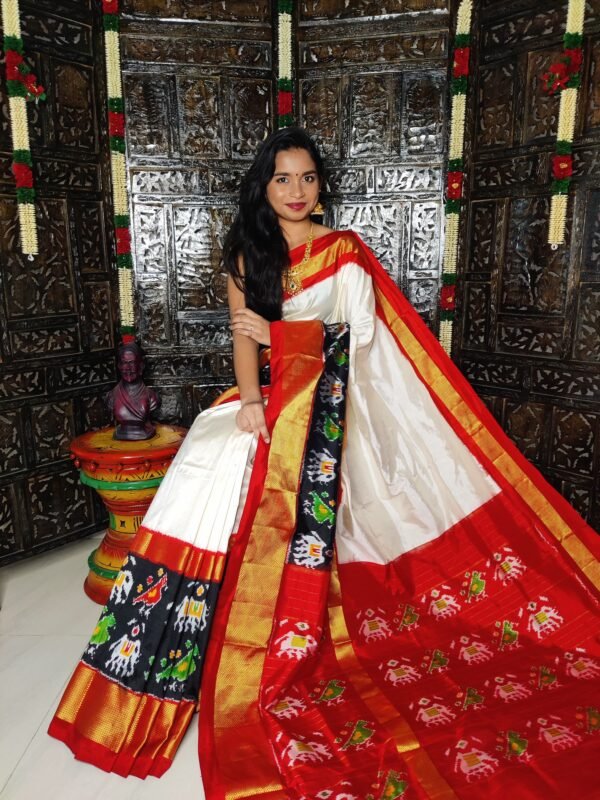 Pochampally-Ikkat-Silk-Saree-cream-black-red