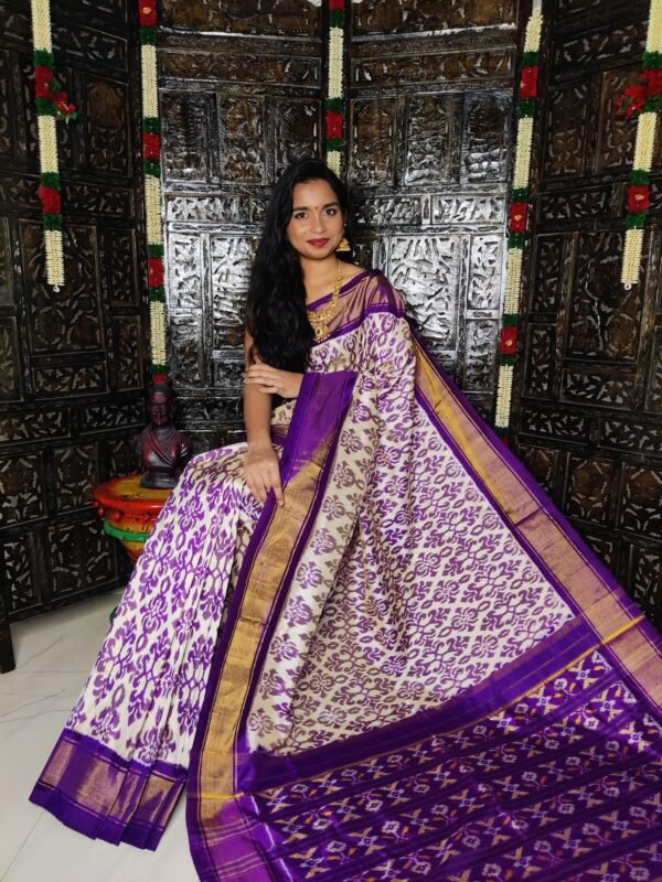 Ikkat Silk Saree Cream and Purple