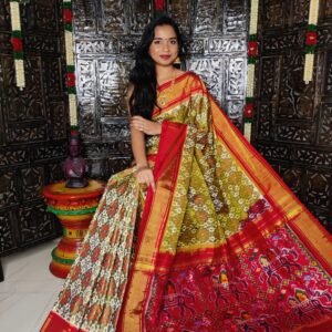 Pure Pochampally Ikkat Silk Saree Cream and Red