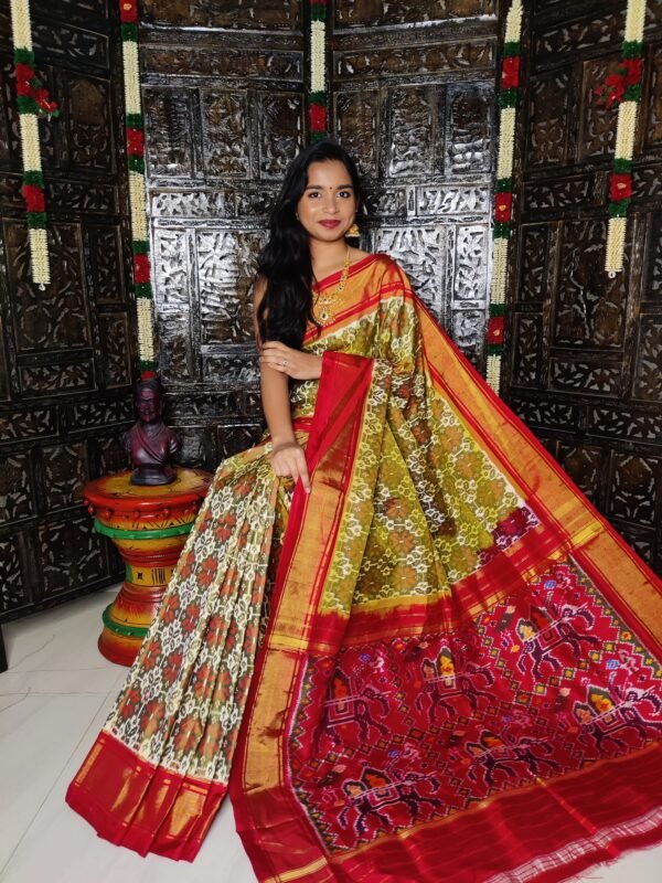 Pure Pochampally Ikkat Silk Saree Cream and Red