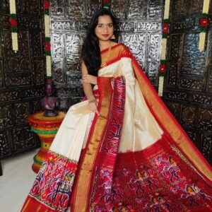 Pochampally-Ikkat-Silk-Saree-cream-red-border