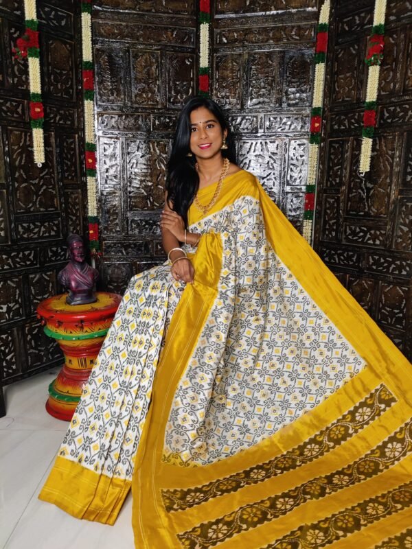 Pochampally-Ikkat-Silk-Saree-white-and-yellow