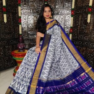 Pochampally-Ikkat-Silk-Saree-white-dark-blue