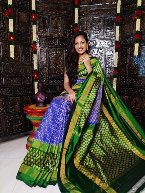 Pochampally Ikkat Silk Saree in Blue and Green