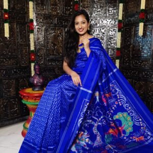 Pochampally Ikkat Silk Saree in Single Color Blue and White Wave Pattern