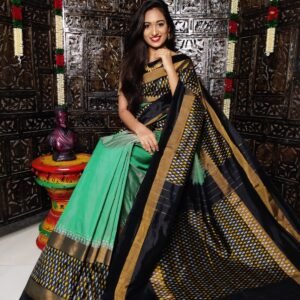 Pure Pochampally Ikkat Silk Saree Ice Green and Black