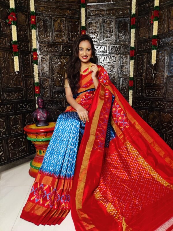 Pochampally Silk Saree Light Blue and Red