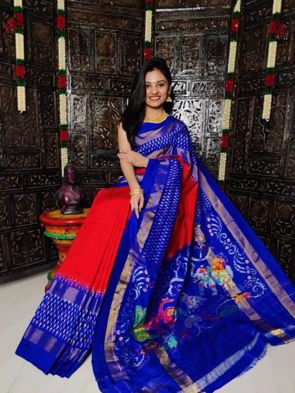 Pochampally Ikkat Silk Saree in Red and Dark Blue