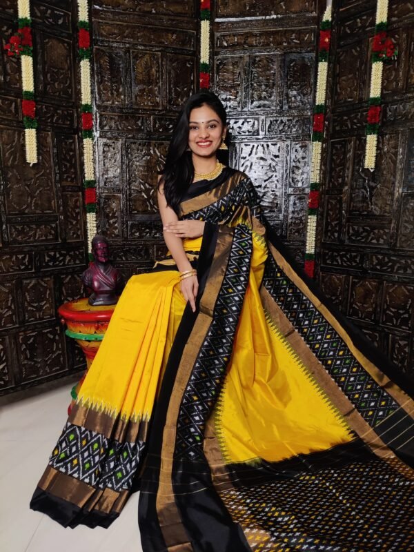 Pure Pochampally Ikkat Silk Saree Yellow and Black