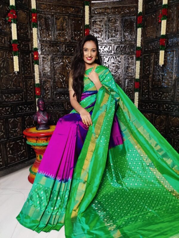 Pure Pochampally Ikkat Silk Saree purple and green