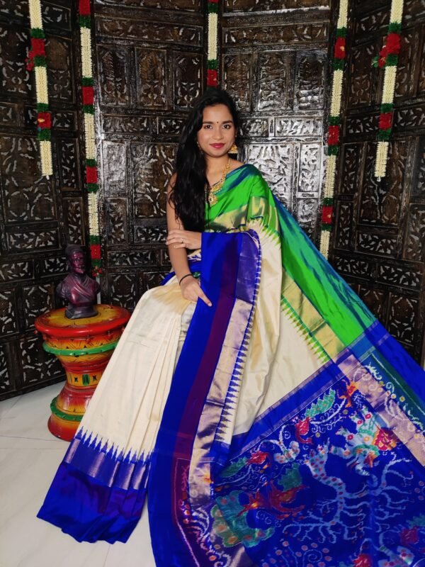 Cream Pochampally Ikat Silk Saree with Blue and Green Borders