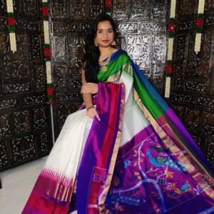 Exquisite White, Green, and Purple Pochampally Ikat Silk Saree