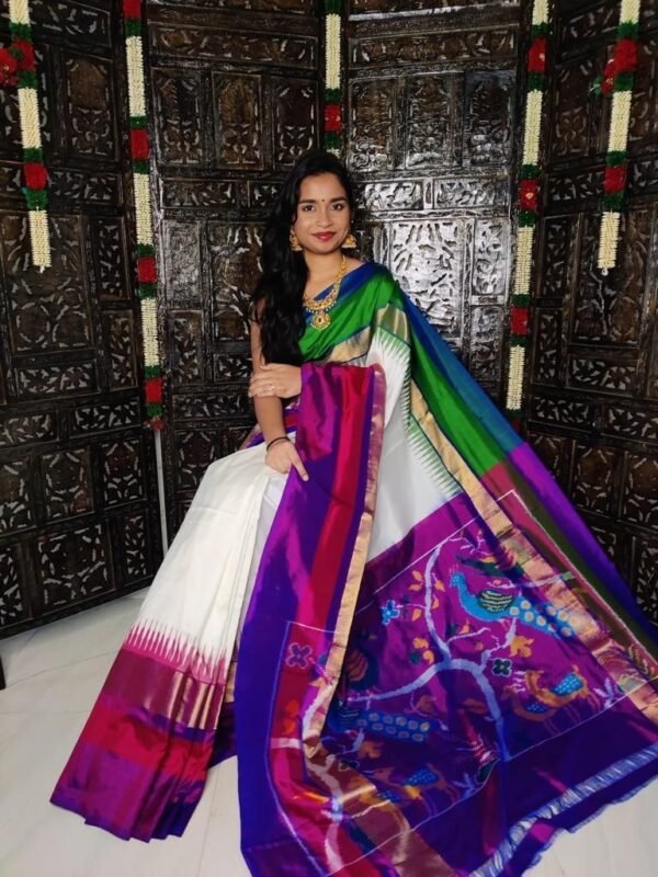 Exquisite White, Green, and Purple Pochampally Ikat Silk Saree